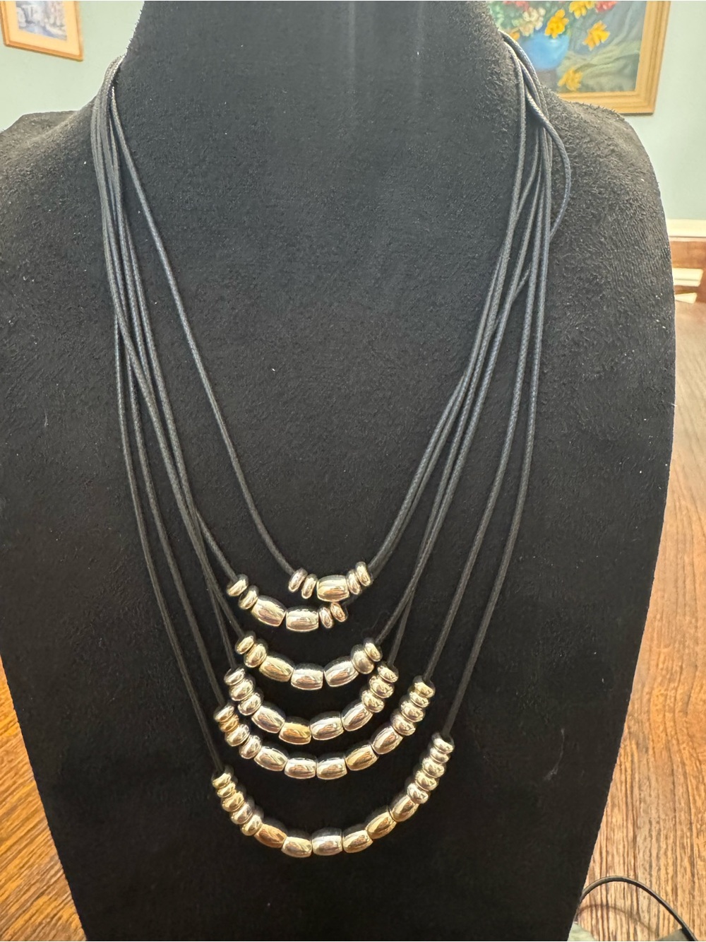 Black Multi Strand Cord Necklace Silver Tone Beads Layered Statement